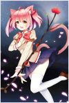  1girl animal_ears bow_(weapon) cat_ears cat_tail faaaaaa hair_ribbon kaname_madoka looking_at_viewer mahou_shoujo_madoka_magica open_mouth pink_hair ribbon school_uniform short_twintails smile solo tail twintails weapon white_legwear yellow_eyes 