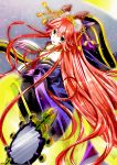  1girl animal_ears bare_shoulders bow breasts caster_(fate/extra) cleavage detached_sleeves fate/extra fate/grand_order fate_(series) fox_ears fox_tail hair_bow hair_ribbon highres japanese_clothes long_hair looking_at_viewer mirror open_mouth pink_hair ribbon solo suiten_nikkou_amaterasu_yanoshisu_ishi tail twintails yellow_eyes 