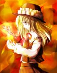  1girl :d ao-shiba blonde_hair brown_dress brown_eyes brown_hat cross dolls_in_pseudo_paradise dress extra floating frilled_hat frills from_side hat hourai_doll long_sleeves looking_down magic open_mouth parted_lips ribbon smile touhou yellow_eyes 