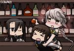  &gt;_&lt; 3girls alcohol bar black_hair blush bottle braid brown_hair closed_eyes comic commentary dated drooling drunk flying_sweatdrops fubuki_(kantai_collection) hamu_koutarou kantai_collection long_hair multiple_girls nachi_(kantai_collection) necktie one_eye_closed side_ponytail silver_hair sparkle unryuu_(kantai_collection) vest 