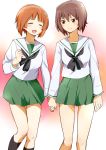  2girls absurdres black_legwear blush brown_eyes brown_hair closed_eyes cosplay girls_und_panzer green_skirt highres holding_hands kneehighs long_sleeves looking_at_another miniskirt multiple_girls neckerchief nishizumi_maho nishizumi_miho open_mouth pleated_skirt school_uniform serafuku short_hair siblings side-by-side sisters skirt smile standing sushimako white_blouse 