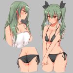  1girl alternate_hairstyle anchovy ass bikini black_bikini brown_eyes camisole commentary cowboy_shot drill_hair from_side girls_und_panzer green_hair grey_background hair_down hair_ribbon hands_together highres kento1102 long_hair ribbon side-tie_bikini sketch solo standing swimsuit twin_drills twintails upper_body 