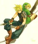  2boys banana_gyuunyuu blonde_hair blue_eyes cloud_strife earrings final_fantasy final_fantasy_vii gloves hat jewelry link multiple_boys pointy_ears smile super_smash_bros. sword the_legend_of_zelda weapon 