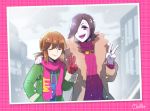  1boy :d androgynous android black_hair brown_hair closed_eyes frisk_(undertale) fur_coat grey_skin hair_over_one_eye hand_in_pocket hand_on_another&#039;s_shoulder hato_moa jacket jewelry mettaton mettaton-ex necklace open_mouth photo_(object) pink_background scarf shirt short_ponytail sidelocks signature smile snowing striped striped_shirt turtleneck undertale upper_body v violet_eyes winter_clothes 