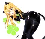  1girl :o ahoge alternate_costume alternate_eye_color animal_ears armband ass bent_over between_legs black_bodysuit black_gloves blonde_hair blush bodysuit cat_ears cat_tail dr_poapo fang fingerless_gloves gloves green_eyes hair_between_eyes hand_between_legs highres hoshii_miki idolmaster kneepits long_hair long_sleeves looking_at_viewer shiny shiny_clothes signature solo standing sweatdrop tail white_background yellow_eyes 