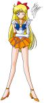  1girl aino_minako bishoujo_senshi_sailor_moon blonde_hair blue_bow blue_eyes bow choker elbow_gloves full_body gloves hair_bow long_hair looking_at_viewer magical_girl marco_albiero one_eye_closed orange_skirt pleated_skirt pointing red_bow sailor_collar sailor_venus signature skirt solo standing tiara white_background white_gloves 