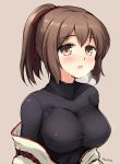  1girl :o bangs blush breasts breath brown_background brown_eyes brown_hair cleavage don_(29219) hair_ribbon ise_(kantai_collection) japanese_clothes kantai_collection large_breasts looking_at_viewer nontraditional_miko off_shoulder ponytail red_ribbon ribbon simple_background sketch skin_tight solo turtleneck twitter_username undershirt upper_body 