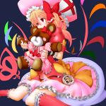  1girl absurdres adapted_costume blonde_hair bow colored cosplay dress flandre_scarlet hat highres laevatein pocket_watch red_eyes remilia_scarlet remilia_scarlet_(cosplay) simple_background sitting solo stuffed_animal stuffed_toy tears teddy_bear touhou tsukajin tsuruoka_masayoshi_to_junjou_romantica_2 wariza watch wings 