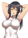  armpits arms_behind_head arms_up black_hair breasts covered_navel elf_(houtengeki) hair_over_breasts hair_ribbon houtengeki large_breasts long_hair open_mouth original pointy_ears ribbed_sweater ribbon shirt sidelocks simple_background sleeveless sleeveless_turtleneck sweater sweater_vest turtleneck twintails white_background yellow_eyes 