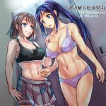  2girls bare_shoulders blue_eyes blue_hair blush bra brown_hair grin hand_on_another&#039;s_shoulder locker_room long_hair looking_at_another love_live!_school_idol_project love_live!_sunshine!! matsuura_kanan midriff misogi multiple_girls navel open_mouth panties ponytail short_hair skirt smile sports_bra translation_request underwear undressing watanabe_you 