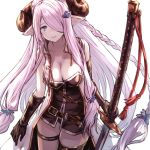  1girl arms_at_sides asymmetric_gloves belt black_dress black_gloves black_panties blue_eyes braid breasts cleavage closed_mouth collarbone cowboy_shot demon_horns dress gloves granblue_fantasy hair_ornament hair_over_one_eye holding_sword holding_weapon horns jacket large_breasts lavender_hair long_hair looking_at_viewer narumeia_(granblue_fantasy) open_clothes open_jacket panties pantyshot pantyshot_(standing) pink_lips pointy_ears robo8 short_dress simple_background single_braid single_thighhigh sleeveless smile solo standing sword tassel thigh-highs thigh_strap underwear untied very_long_hair weapon white_background 