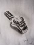  artist_name graphite_(medium) greyscale monochrome no_humans original photorealistic scan signature smile_(qd4nsvik) still_life traditional_media watch watch 