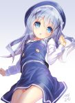  1girl blue_eyes blue_hair blush gochuumon_wa_usagi_desu_ka? hair_ornament hairclip kafuu_chino long_hair long_sleeves looking_at_viewer lying on_back open_mouth rabbit_house_uniform skirt solo sorimura_youji waitress x_hair_ornament 