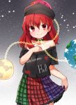  1girl akagashi_hagane bare_shoulders chain clothes_writing collar earth_(ornament) gradient gradient_background hat hecatia_lapislazuli looking_at_viewer moon_(ornament) off_shoulder plaid plaid_skirt red_eyes redhead shirt short_hair short_sleeves skirt skirt_lift smile solo t-shirt touhou 