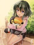  1girl bird blush dark_skin edobox hug idolmaster idolmaster_cinderella_girls natalia_(idolmaster) open_mouth short_hair smile solo stuffed_animal stuffed_toy toucan violet_eyes 