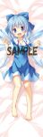  1girl :d bare_legs barefoot bed_sheet blue_bow blue_dress blue_eyes blue_hair bow cirno dakimakura dress fang hair_bow ice ice_wings large_bow looking_at_viewer lying on_back open_mouth sample short_hair smile solo touhou wings yukino_minato 