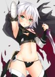  1girl absurdres armpits assassin_of_black bandages belt cloak dagger fate/apocrypha fate_(series) fingerless_gloves gloves green_eyes highres kuzuyu midriff navel parted_lips scar short_hair solo thong weapon white_hair 