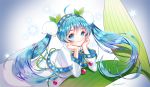  1girl ahoge aqua_eyes aqua_hair chin_rest flower hair_flower hair_ornament hatsune_miku leaf long_hair looking_at_viewer rumi_(rarumi11) smile snowdrop_(flower) snowflakes solo twintails twitter_username very_long_hair vocaloid yuki_miku 