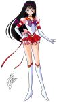  1girl bishoujo_senshi_sailor_moon black_hair boots bow brooch choker earrings elbow_gloves full_body gloves hand_on_hip hino_rei jewelry knee_boots long_hair looking_at_viewer magical_girl marco_albiero pink_bow pleated_skirt purple_bow red_skirt sailor_collar sailor_mars signature skirt smile solo standing super_sailor_mars_(stars) tiara violet_eyes white_background white_boots white_gloves 