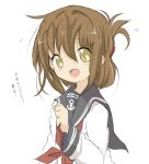  1girl anchor_symbol brown_eyes brown_hair core_(mayomayo) folded_ponytail inazuma_(kantai_collection) kantai_collection neckerchief open_mouth school_uniform simple_background smile solo translation_request 
