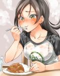  1girl blush breasts brown_eyes brown_hair chair character_request curry eating food glass idolmaster idolmaster_cinderella_girls impossible_clothes impossible_shirt long_hair plate rice sakayama_shinta sitting solo spoon steam sweat table water 