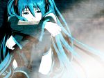  aqua_eyes aqua_hair artist_request crossed_arms crossed_legs detached_sleeves hatsune_miku high_contrast long_hair nottou pale_skin sad sitting twintails vocaloid 