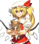  1girl ? blonde_hair bust flandre_scarlet hat hat_ribbon highres holding looking_at_viewer mob_cap puffy_short_sleeves puffy_sleeves red_eyes ribbon short_sleeves side_ponytail simple_background skirt stuffed_animal stuffed_toy stuffing teddy_bear temmasa22 touhou white_background wings 