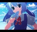  1girl blue_eyes blue_hair bow cirno food hair_bow ice_cream letterboxed neck_ribbon po_(pixiv) popsicle ribbon short_hair solo touhou wings 