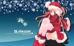  1girl blue_background christmas dille dlsite.com hat highres refeia santa_costume santa_hat shoes snow snowflakes thigh-highs thighhighs wallpaper white_legwear 