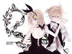  black_dress blonde_hair blue_eyes butterfly dress hair_ornament hair_ribbon hairclip holding_hands jikei kagamine_len kagamine_rin migikata_no_chou_(vocaloid) necktie ribbon short_hair siblings twins vocaloid 