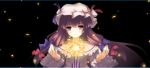  black blush capelet crescent crescent_moon dress dualscreen hair_ornament hair_ribbon hat highres light light_smile long_hair magic moon patchouli_knowledge purple_eyes purple_hair ribbon simple_background solo touhou usume_shirou violet_eyes 