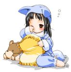   barefeet black_hair blush brown_eyes hat loli nekomimi pillow pyjamas teddy_bear  