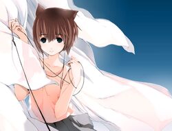  brown_hair grey_skirt headphones nekomimi orange_singlet pink_singlet sheets singlet skirt white_sheet 