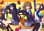  5girls akiyama_mio bad_id bangs black_hair blonde_hair blue_eyes blunt_bangs brown_eyes brown_hair cake cherry chocho_(homelessfox) cookie cupcake food fruit hair_ornament hairband hairclip hime_cut hirasawa_yui ice_cream k-on! kotobuki_tsumugi long_hair macaron multiple_girls nakano_azusa pantyhose pastry pudding salute school_uniform short_hair sitting strawberry tainaka_ritsu twintails wink 