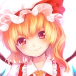  1girl ascot blonde_hair blush close-up face flandre_scarlet hat hat_ribbon head_tilt miina portrait red_eyes ribbon short_hair side_ponytail simple_background smile solo touhou white_background wings 