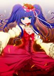  blood_in_mouth blood_on_clothes bloody_clothes blue_eyes blue_hair bow choker dress flower frills furudo_erika glowing hair_ornament hat hattori hattori_(junoct2000) highres leaf light long_hair petals ribbon rose smile solo twintails umineko_no_naku_koro_ni 