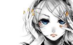  akiakane beauty blue_eyes close face hairclip hands_on_headphones headphones highres kagamine_rin lips migikata_no_chou_(vocaloid) monochrome nail_polish short_hair vocaloid white 