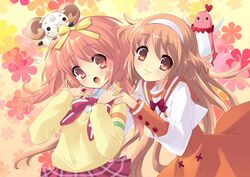  :3 :o akihime_sumomo alice_(miori) alice_parade antennae bird blush_stickers bow bowtie brown_hair crossover emudori flat_chest flower flying glasses hair_bow hairband hands_on_shoulders heart horns itou_noiji jewelry lamb leaning_forward long_hair looking_down miori_(alice_parade) multiple_girls nanatsuiro_drops o_o object_on_head official_art open_mouth pince-nez pink_eyes pink_hair plaid plaid_skirt ring school_uniform serafuku skirt smile striped surprised sweatdrop sweater twintails very_long_hair yuki-chan 