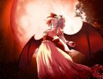  absurdres blood blood_on_face blood_stain blue_hair devil_wings dress flower full_moon hat highres looking_up moon night red_eyes red_moon remilia_scarlet ribbon smile touhou wings wrist_cuffs yasuyuki 