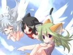  black_hair catgirl flying green_hair loli nekomimi purple_shirt red_eyes red_shirt tail violet_eyes white_hair white_shirt wings 