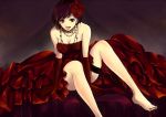  :d bare_legs bare_shoulders barefoot brown_hair dress elbow_gloves flower formal gloves hair_flower hair_ornament jewelry leaning_forward meiko nail_polish necklace open_mouth red red_dress red_eyes red_lipstick rose sanho short_hair sitting smile solo thigh_strap vocaloid 