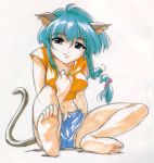  barefeet blue_shorts catgirl green_hair hyper_police midriff natsuki_sasahara nekomimi orange_shirt 