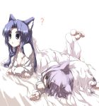  animal_ears asakura_ryouko barefoot bed blue_eyes blue_hair breasts brown_eyes cat_ears cleavage large_breasts nagato_yuki pajamas pettanko purple_hair sheets shirt suzumiya_haruhi_no_yuuutsu tokyo white_shirt 