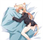  animal_ears bed_sheet black_shirt blonde_hair blush bottomless cat_ears catgirl green_eyes kubyou_azami loli long_hair nekomimi orange_hair original oversized_shirt pillow shirt tail 