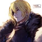  1boy black_eyepatch blonde_hair blue_eyes commentary dated dimitri_alexandre_blaiddyd eyepatch fire_emblem fire_emblem:_three_houses fur_trim hair_between_eyes looking_at_viewer male_focus one_eye_covered portrait short_hair signature simple_background solo uroko_(mnr) white_background 