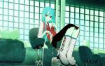  boots cup green_hair highres long_hair necktie okama original polychromatic sitting solo wallpaper 