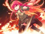  1girl alastor_(shakugan_no_shana) black_legwear bowtie fire millipen_(medium) mixed_media red red_hair school_uniform shakugan_no_shana shana solo sword tachitsu_teto thighhighs traditional_media weapon zettai_ryouiki 