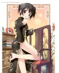  5_nenme_no_houkago absurdres bare_shoulders black_hair blush chair china_dress chinadress chinese_clothes detached_sleeves double_bun highres kantoku looking_back nopan original smile solo 
