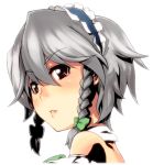  bad_id bare_shoulders braid face grey_hair hairband izayoi_sakuya kirisato_itsuki lips looking_back portrait red_eyes short_hair silver_hair solo touhou twin_braids 