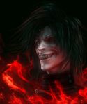  alucard_(hellsing) black_hair fangs fire grin hellsing male pale_skin red_eyes smile teeth vampire 